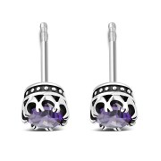 Vintage Royal Crown Celtic Amethyst CZ Sterling Silver Stud Earrings - e455